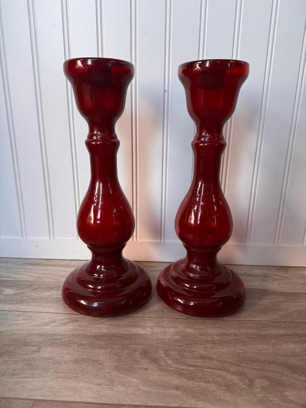 Candle Holder Ruby Red Glass Pillar Set Pedestal Pair 12" Tall Vintage